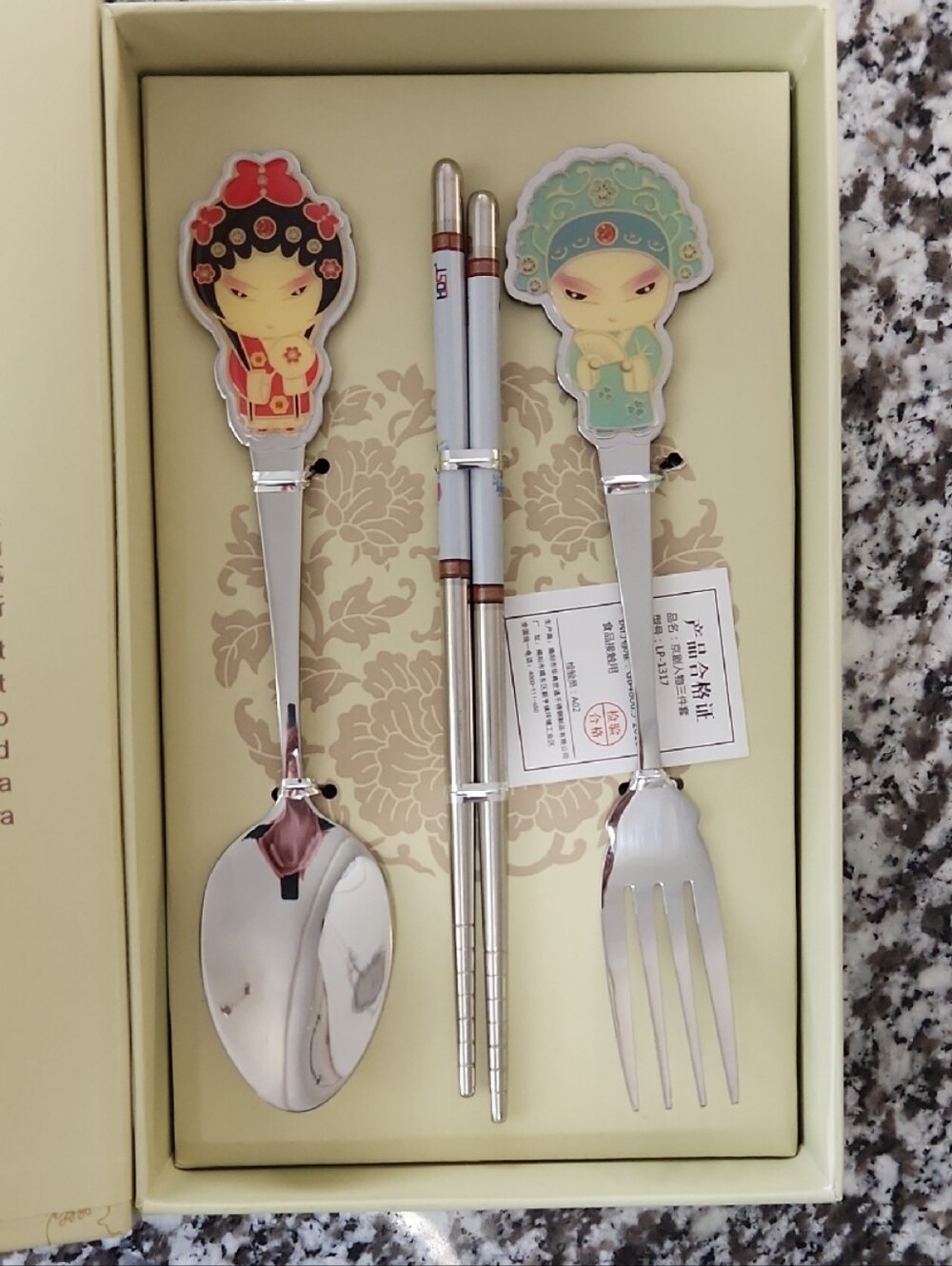 Set of Decorative Chopsticks Spoon Fork Peking Opera Enameled Character Accents